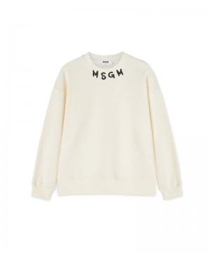 Beige MSGM Cotton Crewneck Sweater Wth Msgm Brushstroke Logo Positioned At The Neck | USA_MSGM31448