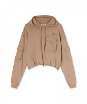 Beige MSGM Crop Sweatshirt With Hood And Large Pockets | USA_MSGM90162