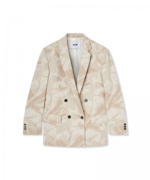 Beige MSGM Jacquard Fabric Double-breasted Jacket With Large Daisy Design | USA_MSGM93405