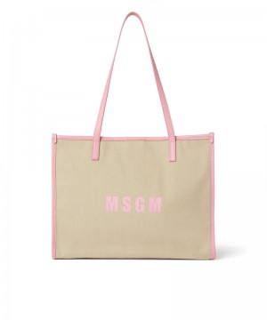 Beige / Pink MSGM Canvas Tote Bag With Piping And Printed Logo | USA_MSGM59661