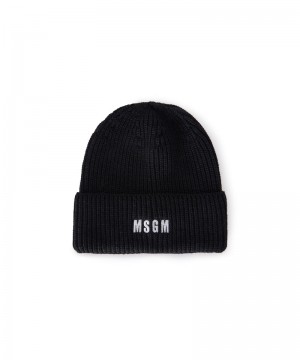 Black MSGM Blended Wool Beanie Hat With Embroidered Mini Logo | USA_MSGM73017