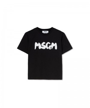 Black MSGM Cotton Crewneck New Msgm Brushed Logo | USA_MSGM89295