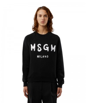 Black MSGM Crew Neck Cotton Sweatshirt With A Brushed Logo | USA_MSGM22372