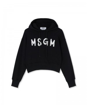 Black MSGM Crop Hooded Sweatshirt With Brushstroke Logo Graphic | USA_MSGM14606