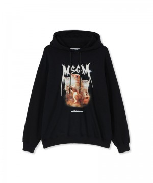 Black MSGM Hooded Sweatshirt With Laser Eyed Cat Graphic | USA_MSGM52816