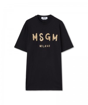 Black MSGM Long Dress With Brushstroke Logo | USA_MSGM89748