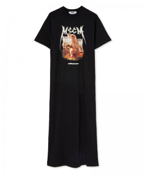 Black MSGM Long Dress With Laser Eyed Cat Print | USA_MSGM54950