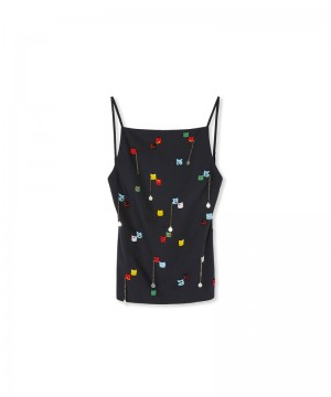 Black MSGM Poplin Top With Suspenders And Embroidered Beads | USA_MSGM78402