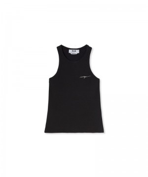 Black MSGM Ribbed Jersey Tank Top With Embroidered Cursive Logo | USA_MSGM76821