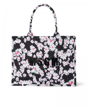 Black / Pink MSGM Canvas Tote Bag With Daisy Print | USA_MSGM53111