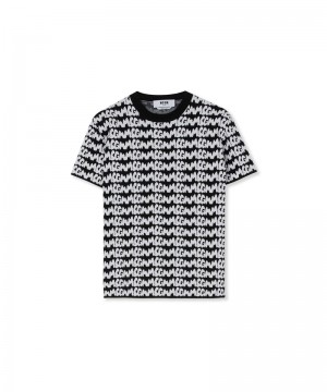 Black / White MSGM Viscose T-shirt With New Jaquard Brushstroke Logo All Over | USA_MSGM56021