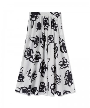 Black / White MSGM Wide Poplin Long Skirt With Rose Brushstroke Print | USA_MSGM60484