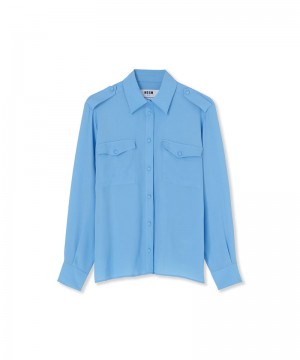 Blue MSGM Blended Silk Crepe De Chine Shirt With Small Pockets | USA_MSGM22259