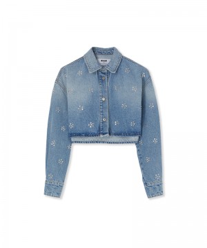 Blue MSGM Blue Denim Crop Shirt With Rhinestone Daisy Application | USA_MSGM34742