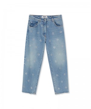 Blue MSGM Blue Denim Pants Wih 5 Pockets And Daisy Rhinestone Application | USA_MSGM60974