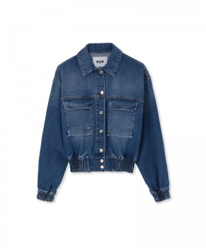 Blue MSGM Blue Denim Pocketed Crop Jacket | USA_MSGM28254