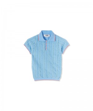 Blue MSGM Cable-knit Polo Shirt In Technical Yarn | USA_MSGM78238