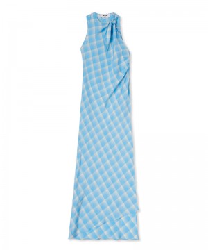 Blue MSGM Check Viscose Crepe Long Sleeveless | USA_MSGM13254