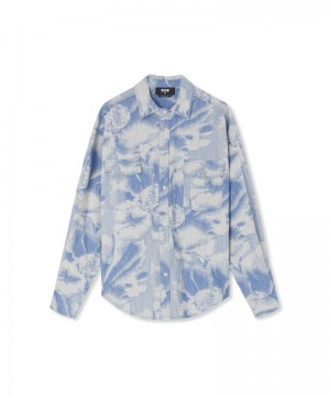 Blue MSGM Jacquard Fabric Pocketed Shirt With Large Daisy Design | USA_MSGM55017