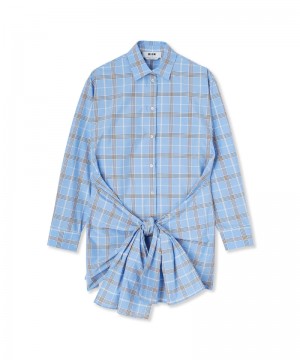 Blue MSGM Poplin Check Dress With Knot | USA_MSGM34755