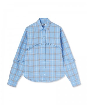 Blue MSGM Poplin Check Shirt With Small Ruffles | USA_MSGM16672