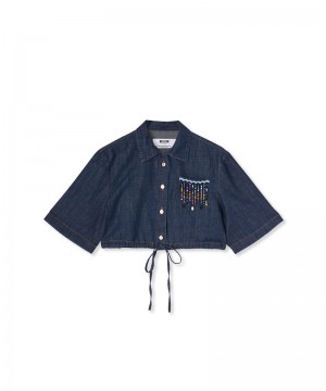 Blue MSGM Short Sleeve Blue Denim Crop Shirt With Beaded Application | USA_MSGM21007