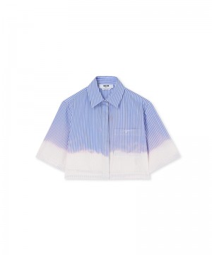 Blue / White MSGM Poplin Short Sleeve Crop Shirt With Faded Treatment | USA_MSGM54904