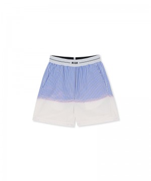 Blue / White MSGM Poplin Shorts With Waistband Logo And Faded Treatment | USA_MSGM91538