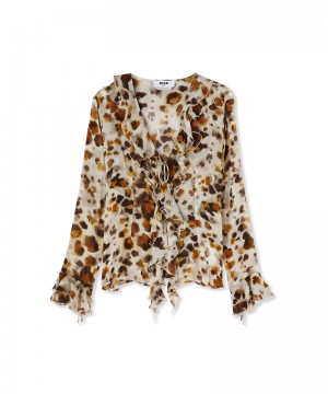 Brown MSGM Ruffled Blouse With Georgette Watercolor Leopard Print | USA_MSGM83456