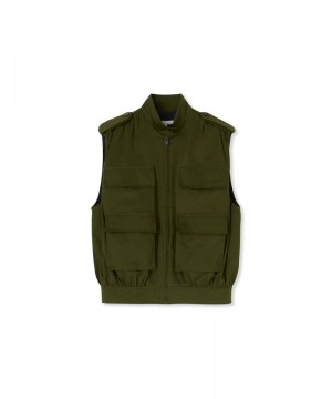 Green MSGM Gabardine Cotton Sleeveless Jacket With Big Pockets | USA_MSGM14045