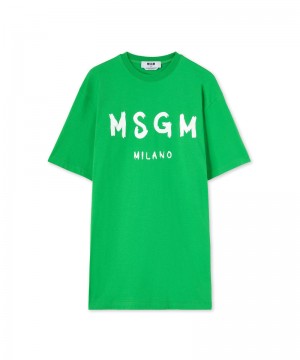 Green MSGM Long T-shirt With Brushstroke Logo | USA_MSGM75287