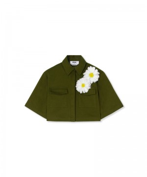 Green MSGM Stretch Cotton Gabardine Crop Shirt With Daisy Application | USA_MSGM59906