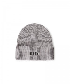 Grey MSGM Blended Wool Beanie Hat With Embroidered Mini Logo | USA_MSGM81834