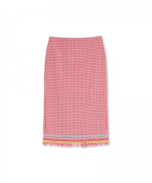 Pink MSGM Fringed Vichy Tweed Midi Skirt | USA_MSGM89328