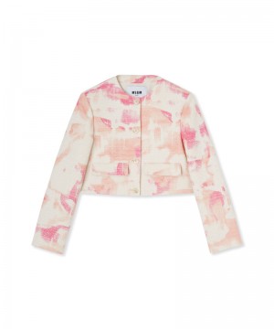 Pink MSGM Tweed Crop Crewneck Jacket With Tie-dye Print | USA_MSGM68635