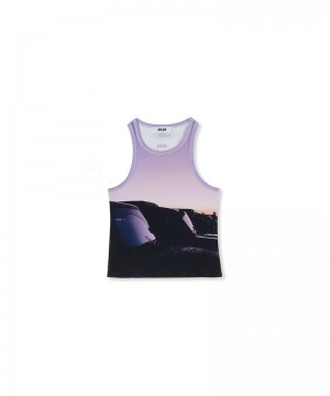 Purple / Black MSGM Ribbed Jersey Tank Top With Tanzanian Purple Sky Print | USA_MSGM36158