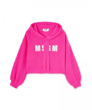 Red MSGM Blended Cashmere Hooded Shirt With English Ribbed Stitching And Embroidered Logo | USA_MSGM93004