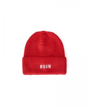 Red MSGM Blended Wool Beanie Hat With Embroidered Mini Logo | USA_MSGM76446