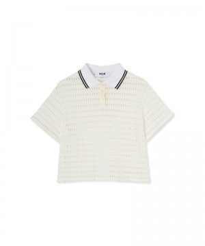 White MSGM Cotton Mesh Polo Shirt With Knitted Collar | USA_MSGM89921