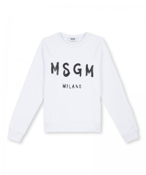 White MSGM Crew Neck Cotton Sweatshirt With A Brushed Logo | USA_MSGM65900