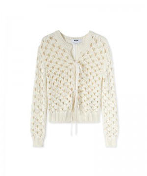 White MSGM Crochet Cotton Crewneck Cardigan | USA_MSGM27139