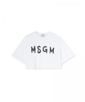 White MSGM Crop With Brushstroke Logo Graphic | USA_MSGM22243