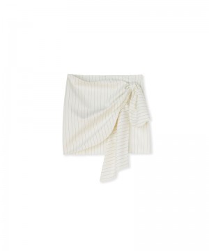 White MSGM Fresh Wool Pinstripe Draped Mini Skirt With Bow | USA_MSGM10567