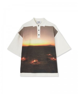 White MSGM Polo Shirt With Tanzanian Gaze Torch Graphic | USA_MSGM29164