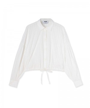 White MSGM Poplin Seersucker Crop Shirt With Puffed Sleeves | USA_MSGM33212