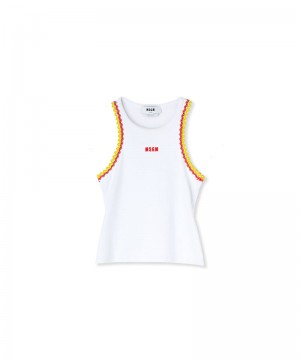 White MSGM Ribbed Jersey Tank Top With Applications And Embroidered Logo | USA_MSGM92455