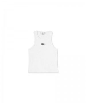 White MSGM Ribbed Jersey Tank Top With Embroidered Logo | USA_MSGM54816