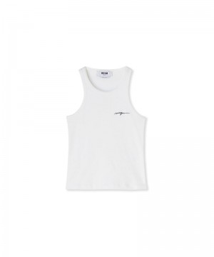 White MSGM Ribbed Jersey Tank Top With Embroidered Cursive Logo | USA_MSGM87560