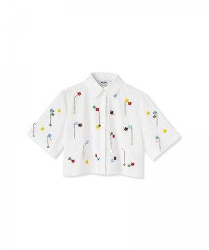 White MSGM Short Sleeve Crop Shirt With Embroidered Beads | USA_MSGM95155