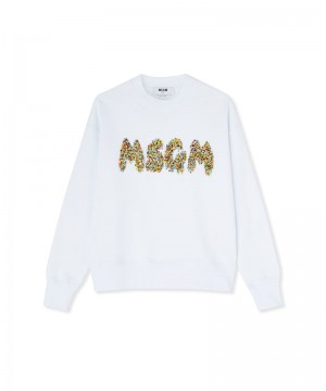 White MSGM Sweathirt With Embroidered Beaded Logo | USA_MSGM52610